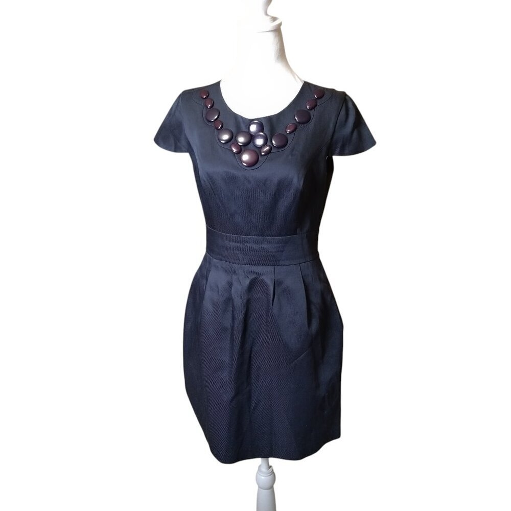 Tibi Size 4 Beaded Neckline Short Sleeve Keyhole Back Navy Blue Dress Office